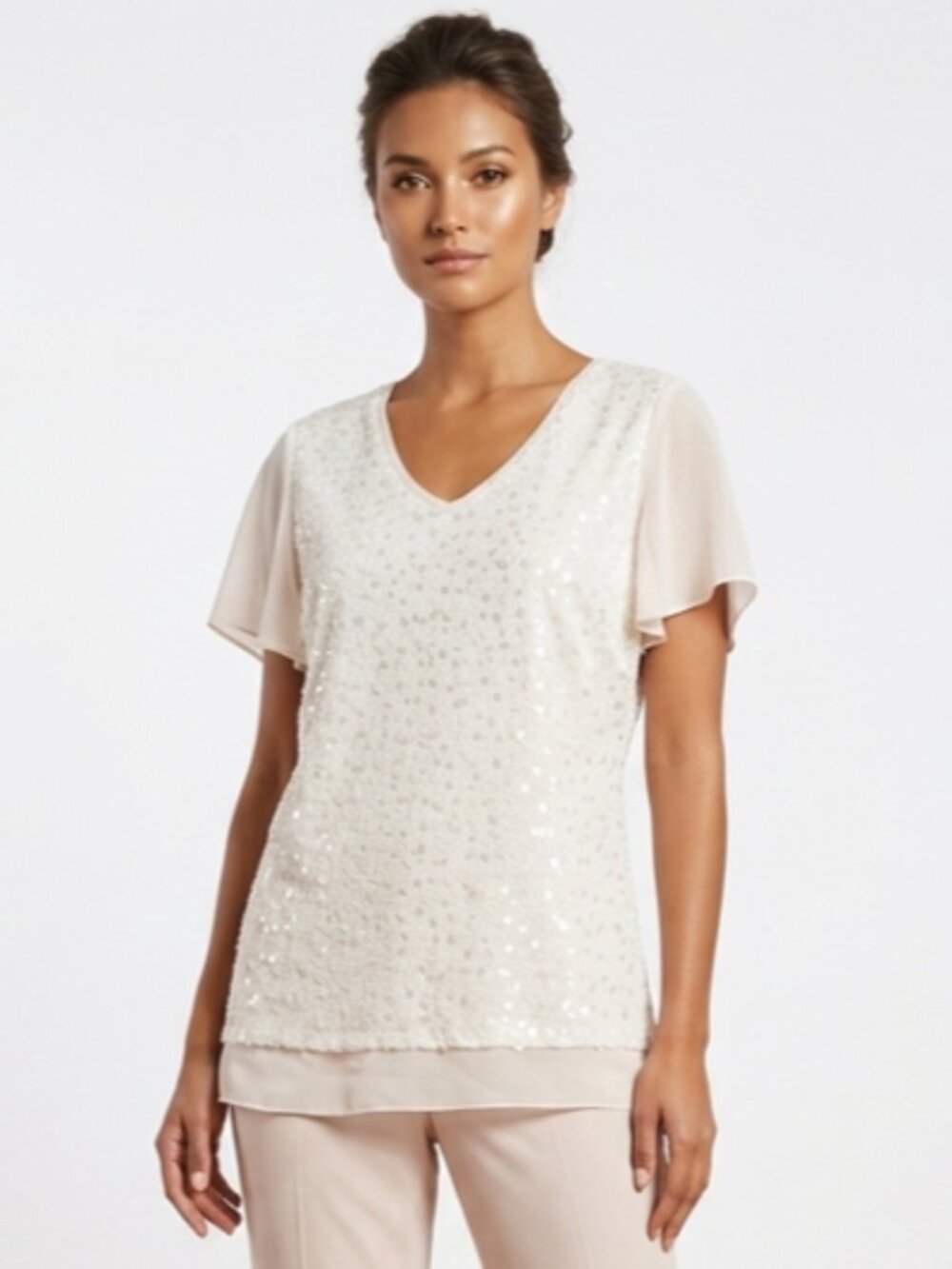 Conrad C Proportion Petite Ivory Sequin V-Neck Chiffon Overlay Blouse Top NWT